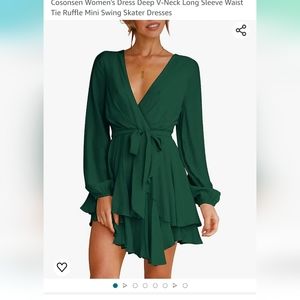 Emerold long sleeve dress Deep V-Neck, Tie Waist , Ruffle Mini Swing Skater Dres